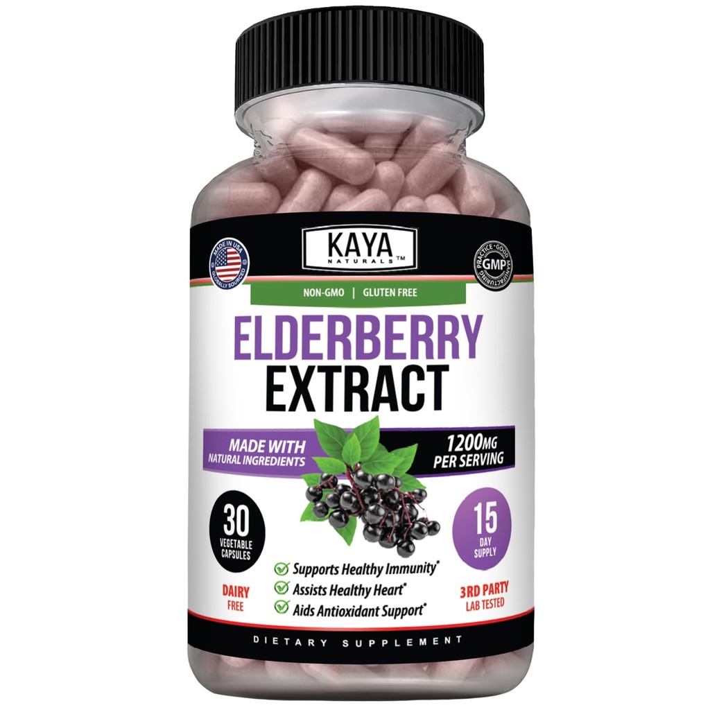 Kaya Naturals Elderberry Immune Support - Elderberry Extract, Rich Antioxidant Premium Vitamiinid, 1200mg Immuunsüsteemi Booster Sambucus kapslid - 30 Count