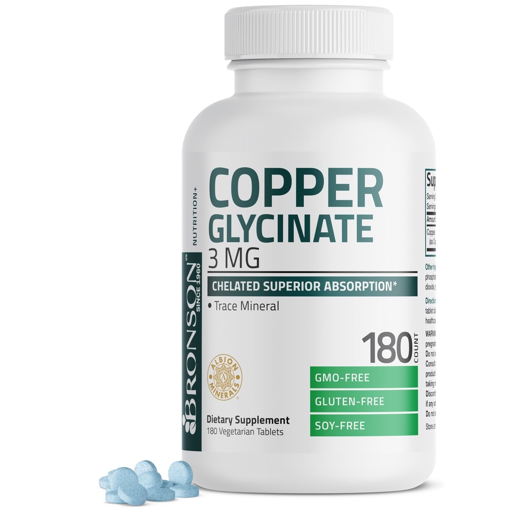 Bronson Copper Glycinate 3 mg Kelate Superior Imendumine Mitte-GMO, 180 Taimetoitlane tablett