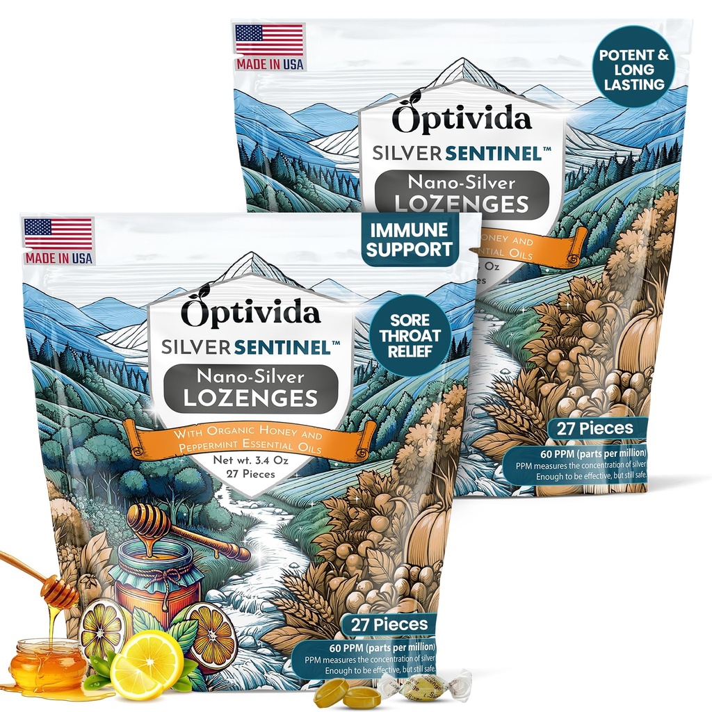 Optivida Health Colloidal Silver Lozenges with Honey & Sidrun Oil (2 Pack) - rahustav valulik kurgukotid täiskasvanutele, kellel on köha leevendamine ja kiire toimega Nano Hõbe valem immuunsuse toetamiseks, 60 Ppm