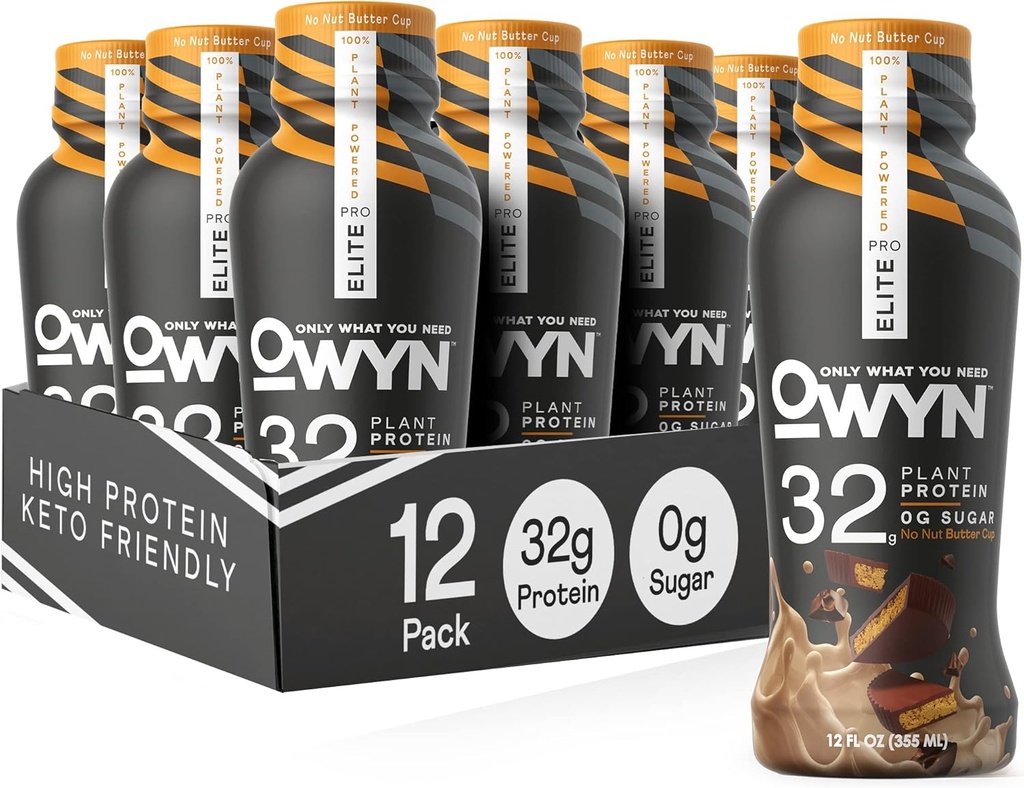 OWYN Ainult see, mida vajate Pro Elite Vegan Kõrge Valgu Keto Shake, 32g Valgu, 12 Fl Oz (Pack of 12) ja Pro Elite Vegan Taimepõhine Kõrge Valguga Keto Shake, No pähklivõi Cup, 32g Valk (Packaging May varieerub)