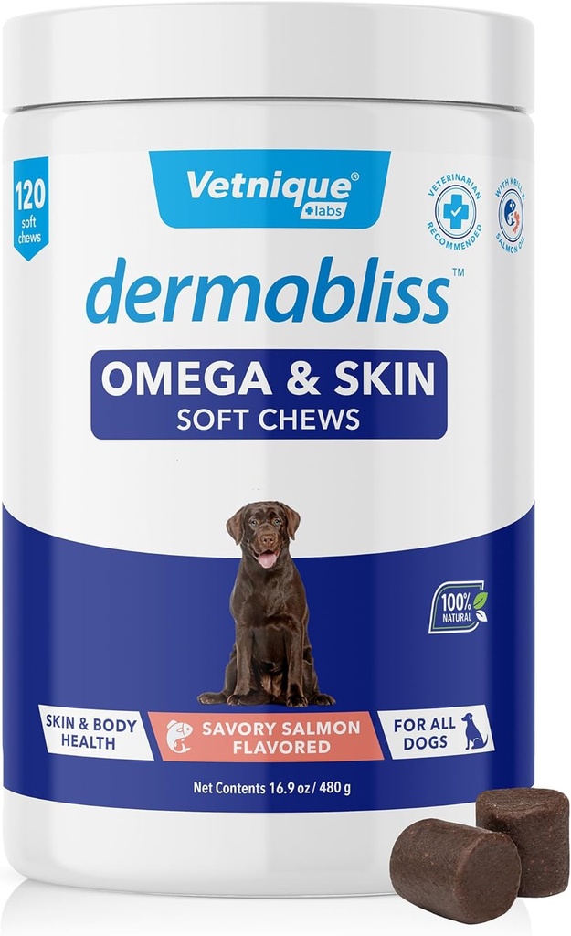 Vetnique Dermabliss Omega & Skin Health Fish Oil for Dogs Pehmed närid Tervislik nahk & Coat koertele Biotin & DHA - Hickory Salmon Dog Treats (120 Count Chews)