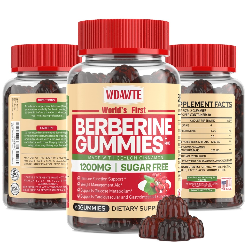 Berberiin koos Ceylon Cinnamon Gummies - suhkruvaba, 98% puhas ja 10x imendumine - 1200mg HCL Orgaaniline Berberine Supplement kaalulangus, immuunsus, ainevahetus ja seedetrakti tervis (30 päeva)
