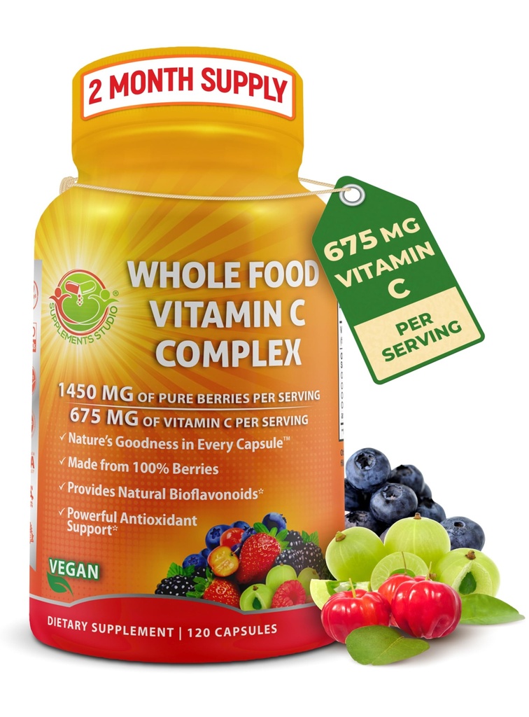 Terve toit C-vitamiini kompleks - 1450mg orgaanilised marjad - 675 mg C-vitamiini ühe serveerimise kohta, kõrge tugevusega antioksüdant ja immuuntoetus koos atseroola, amla ja looduslike bioflavonoididega - Vegan, mitte-GMO, 120 loend