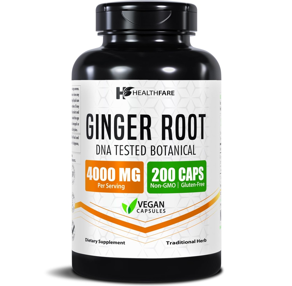 Healthfare Ginger Juur Extract 4000mg | Supplement | 200 Vegan pillid | Seedetrakti tugi | kõrge potentsi | Mitte-GMO, Gluteenivaba | Valmistatud USAs