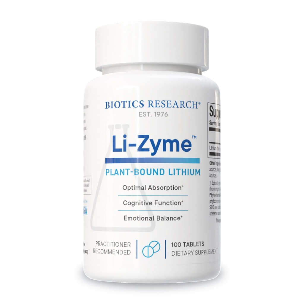 Biotics Research Li Zyme 50 mikrogrammi, liitium kui kogu toit, fütokeemiliselt raske liitium, väga biosaadav, toetab aju funktsiooni, mälu ja meeleolu toetust, 100 tabletti