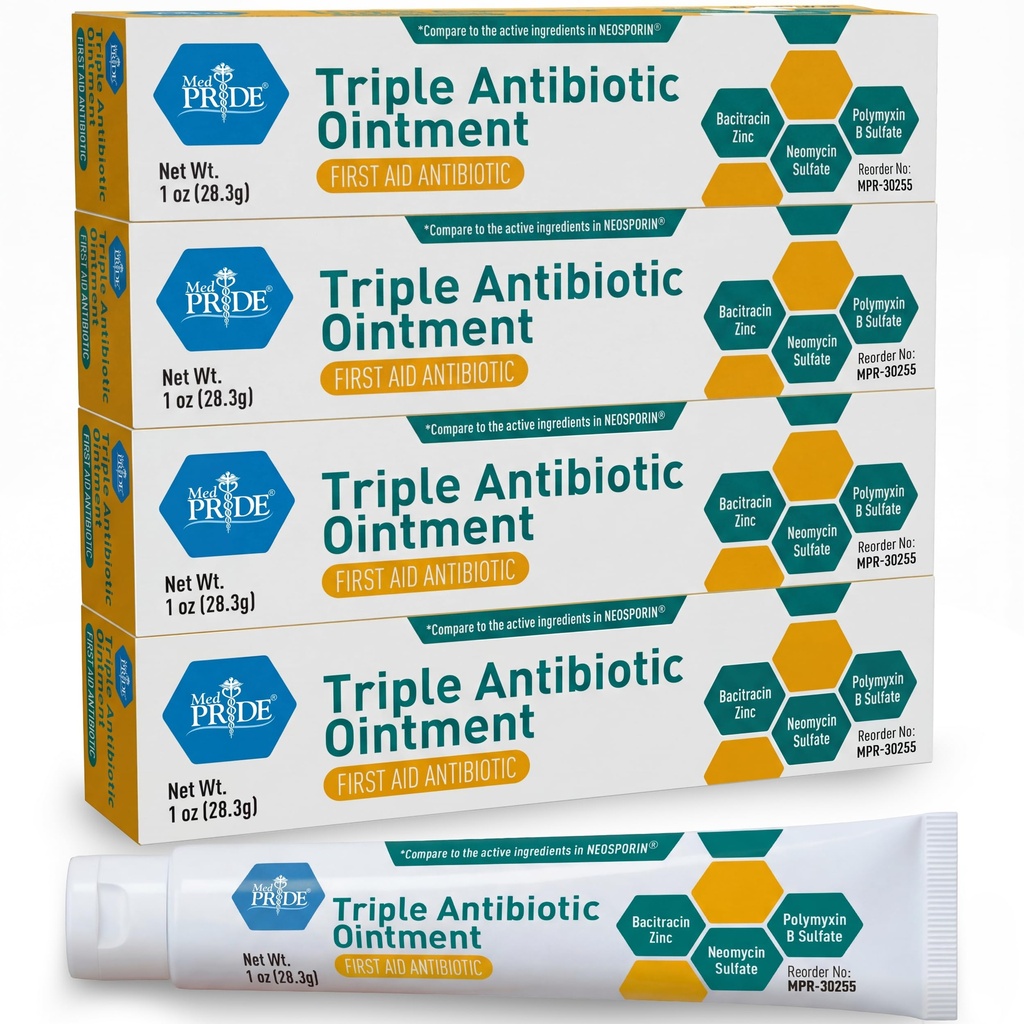 MED Pride Triple Antibiootikum Pride salvi toru 1 Oz 4-pakk, esmaabi väiksemate haavade, kriimustuste, marrastuste jaoks, tsingi, neomütsiini, polümüksiiniga