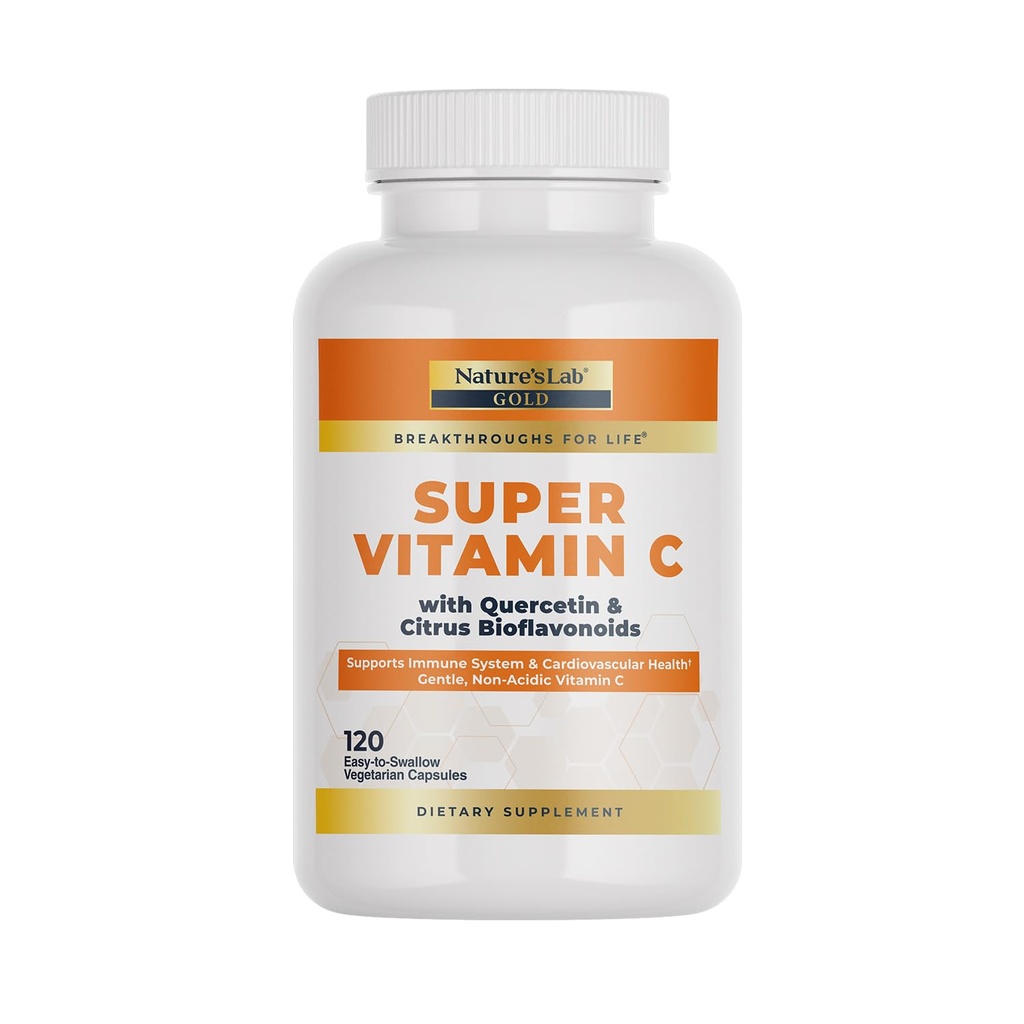 Looduse Lab Gold Super Vitamiin C 1000mg - Immuunsüsteemi tugi - Sisaldab Bioflavonoidide kompleksi & kvertsetiin - Mitte-Atsiidne, Mitte-GMO, Gluteenivaba, Vegan - 120 kapslit (2 kuu pakkumine)