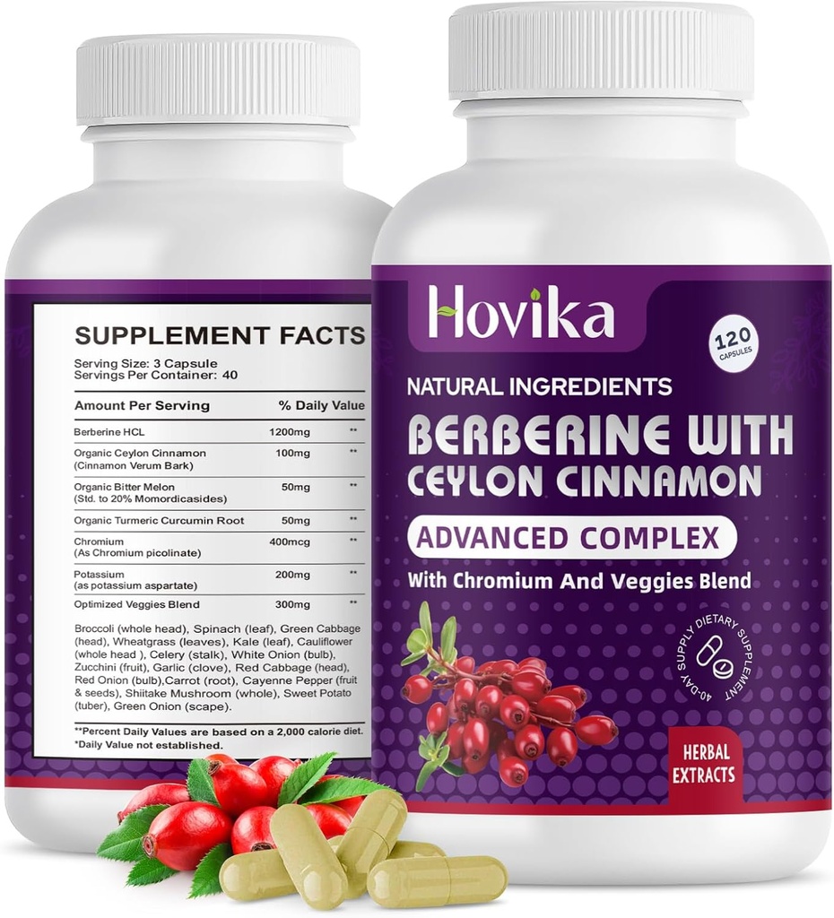 Berberine HCL kapslid 1200 mg - Berberine Supplement koos Ceylon kaneel, kroom, köögiviljad segu - toetab ainevahetust ja immuunsüsteemi, soolestiku tervis - 120 ct Lihtne neelata Vegan pillid