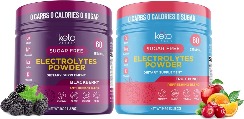 Keto Vitals BlackBerry Bundle with Fruit Punch - 2 Pack Bundle Keto Elektrolüüdid Pulber - Keto-sõbralikud elektrolüüdid kaaliumi, magneesiumi, naatriumi, kaltsiumi - BlackBerry & Fruit Punch