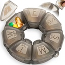 Round Weekly Pill Korraldaja, TPU Kummeeritud, Reisipillide konteiner 7 päeva, 7 suurt komponenti, suurepärane igapäevaste vitamiinide ja toidulisandite, Cute Pill Case suurte kirjade ja Braille (hall)
