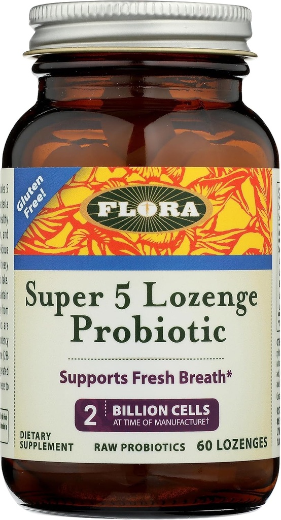 Flora - Super 5 Lozenge Probiootikum, Vaarika Maitsestatud Suukaudne Probiootikum, Hea Halva Hingamise, Viis Tüved 2 Miljardi CFU, Regain ja Säilitada Soolestiku Tervis, RAW, 60 Lozenges