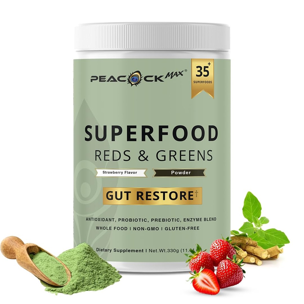Superfood Reds & Greens Pulber - 11,64 oz, prebiootikumid ja probiootikumid seedetrakti tervisele, Super Greens Pulber koos ashwagandha soolestiku tervisele, immuunsus, antioksüdandid, vegan, mitte-GMO