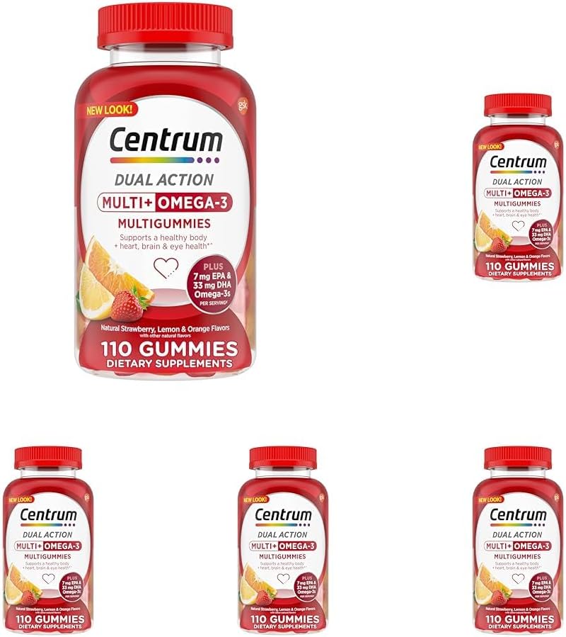 Centrum MultiGummies Multi+ Omega 3 Dual Action, Adult Multivitamiinid, Multivitamiinid / Multimineral / Omega 3 Lisand, Maasika / Sidrun / Apelsini Maitsed - 110 Loeng (5. pakk)