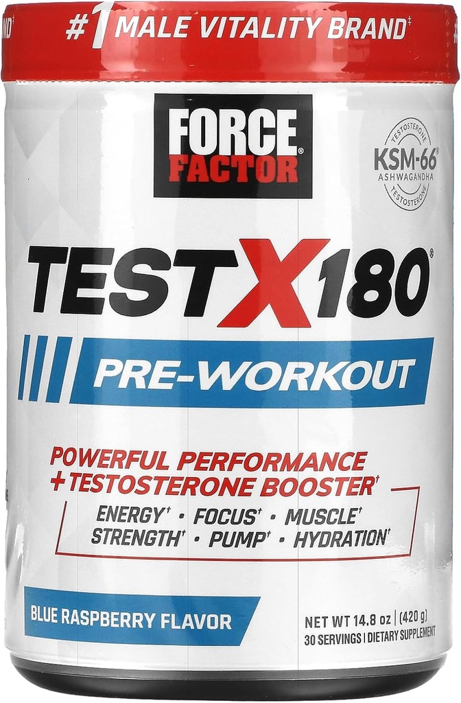 FORCE FACTOR Test X180 Pre-Workout Powder & Energy Supplement, Boost Focus & Kestvus, Ehita lihasmassi ja tugevus, lämmastikoksiidi täiendada ashwagandaha & L-Citrulline, Blue Vaarika, 30 Servings