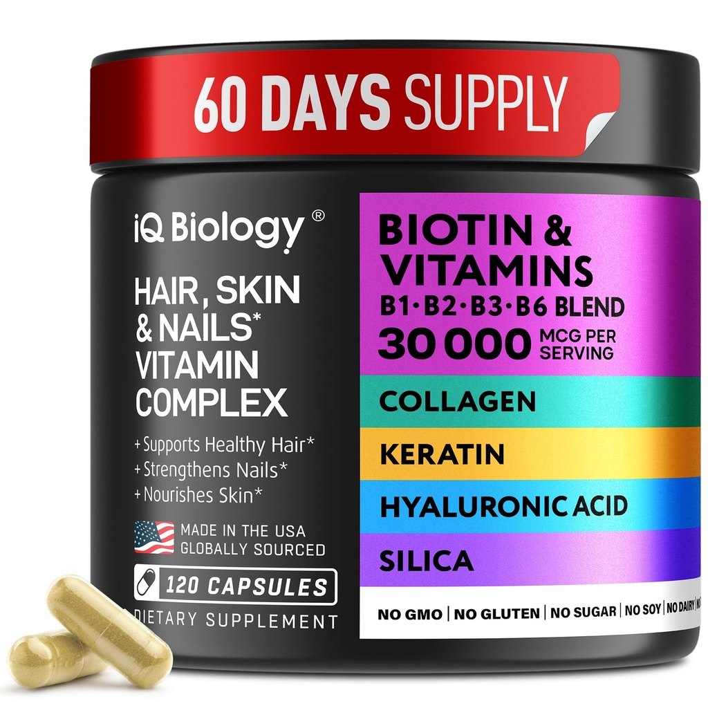 Biotiin juuste kasvu Naised ja mehed Keratin, kollageeni kompleks 30000 mcg – Kapslid juuste väljalangemine ja tugevam paksus – Naha ja küüned Vitamiinid, Biotiin 10000mcg ja kollageeni täiendused - 120 pillid
