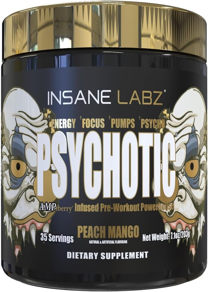 Insane Labz Psychotic Gold, High Stimulant Pre Workout Powder, Extreme Lasting Energy, Pumps and Endurance with Beta Alanine, DMAE Bitartrate, NO Booster (35 Servings, Peach Mango)