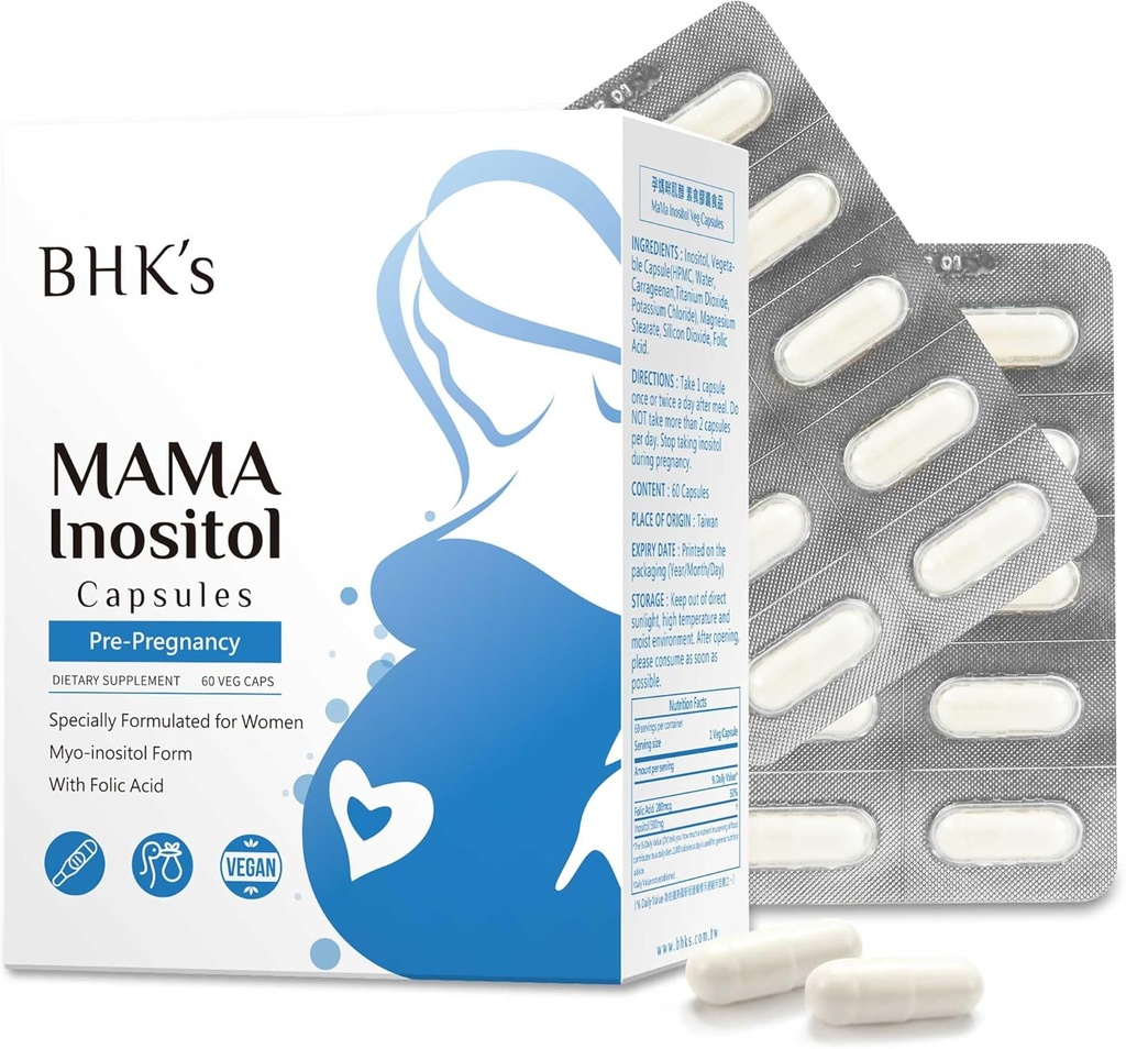 BHK pre-raseduse viljakuse täiendus, hormonaalne tasakaal ja tervislik munasarja funktsiooni toetus naistele, regulaarsed tsüklid inositooliga, 60 kapslit