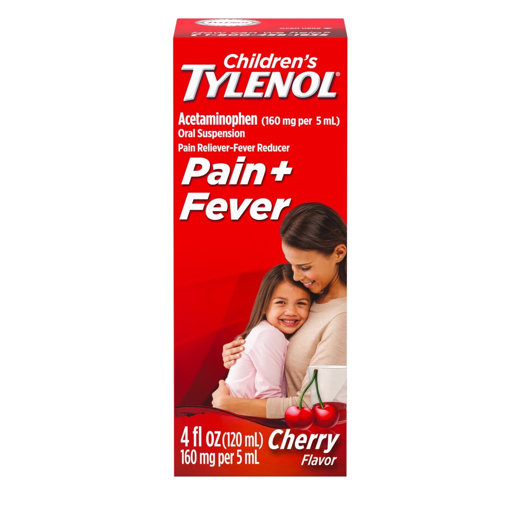 Laste Tylenol Vedel Suukaudne suspensioon Meditsiin, atsetaminofeen Valu Reliever & Palaviku vähendaja, Aspiriin-, Ibuprofeen- & Alkoholivaba, Kirss, 4 Fl. Oz