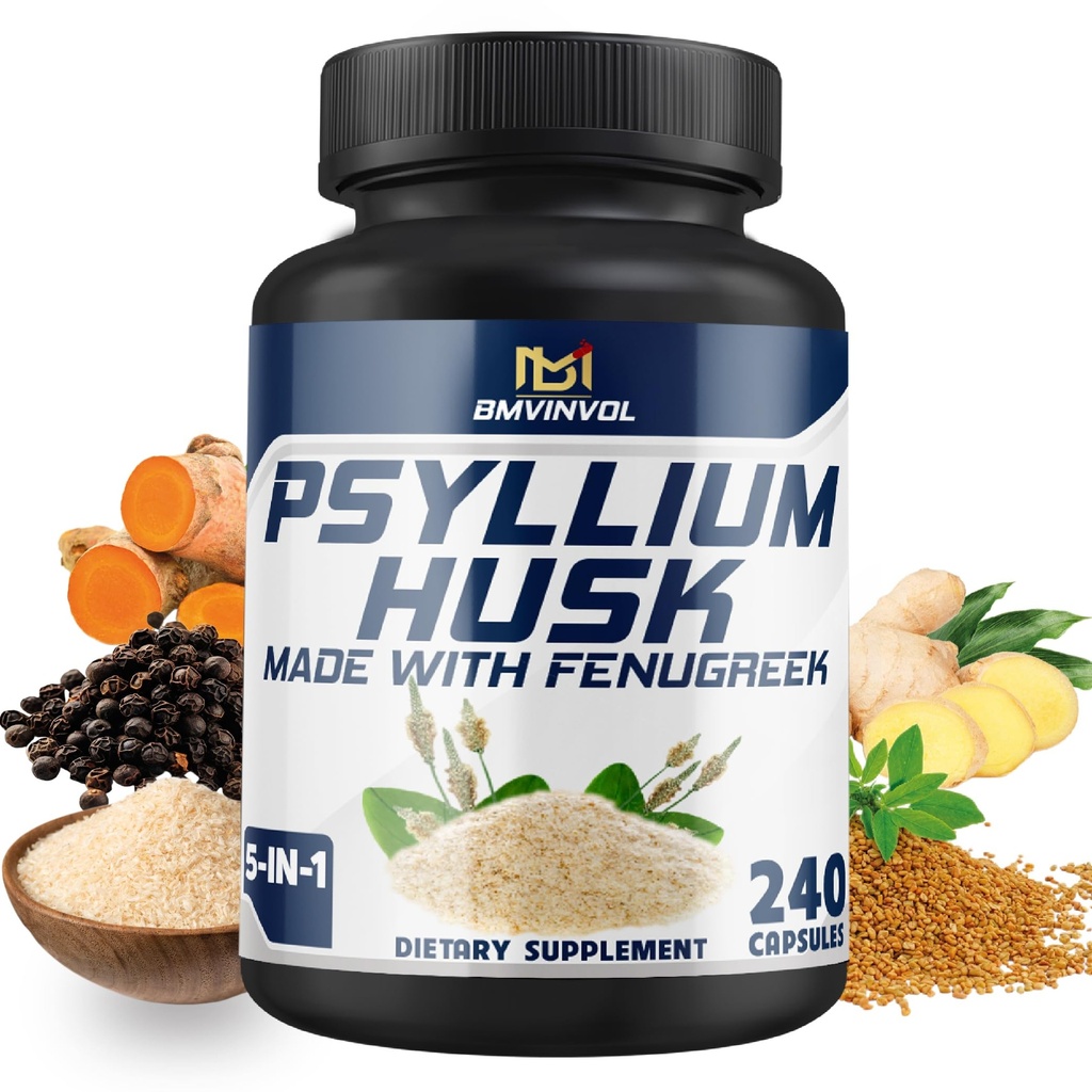 BMVINVOL Psyllium Husk kapslid Fiber täiendus lambaläätse, kurkum, ingver, must pipar - toetada seedesüsteemi, soolestiku tervis - 240 Loe 4 kuu pakkumine
