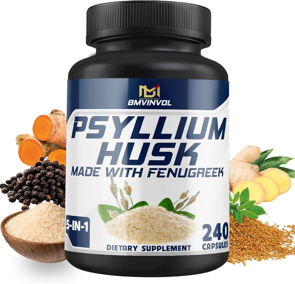 BMVINVOL Psyllium Husk kapslid Fiber täiendus lambaläätse, kurkum, ingver, must pipar - toetada seedesüsteemi, soolestiku tervis - 240 Loe 4 kuu pakkumine