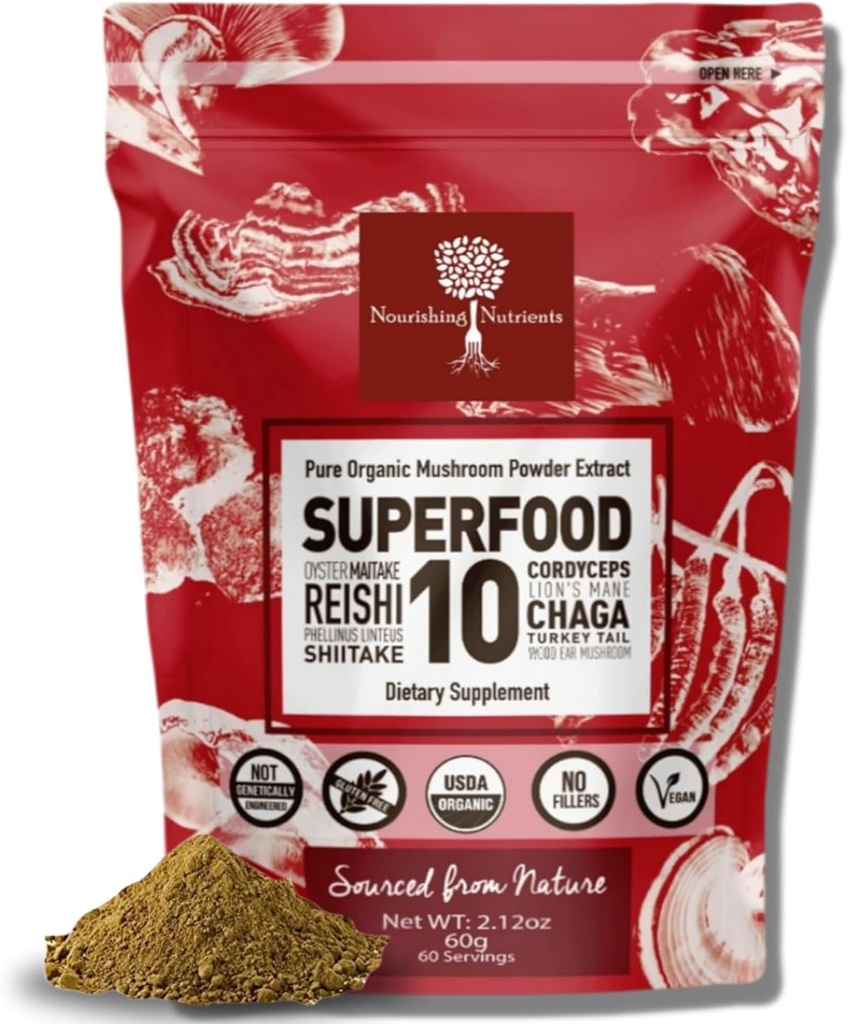 Orgaaniline seenepulber ekstrakt - Superfood 10 täiendus 14x Tugevam 100% puhas USDA immuunsuse suurendaja- Reishi, Chaga, Cordyceps, Shiitake, Lions Mane, Türgi saba ja palju muud. Lisa kohvile/teele 60 grammi