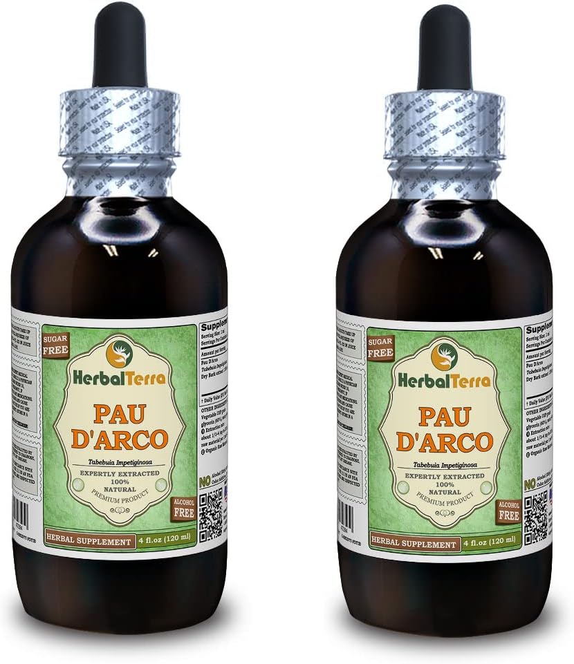 PAU d'arco (Tabebuia Impetiginosa) Glycerite, kuivatatud koore alkoholivaba vedelik ekstrakt (Brändinimetus: HerbalTerra, uhkelt valmistatud USAs) 2x4 fl.oz (2x120 ml)