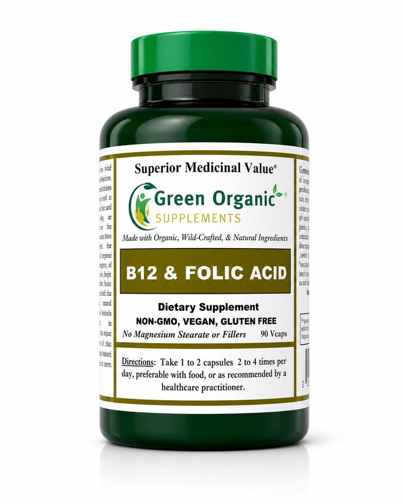 Rohelised orgaanilised toidulisandid (Pack-1) Vitamiin B12 ja foolhape, 1000mcg, 90 VCaps, käsitsi valmistatud, vegan, mitte-GMO, toetab närvisüsteemi toimimist ja naha, juuste ja maksa terviklikkust
