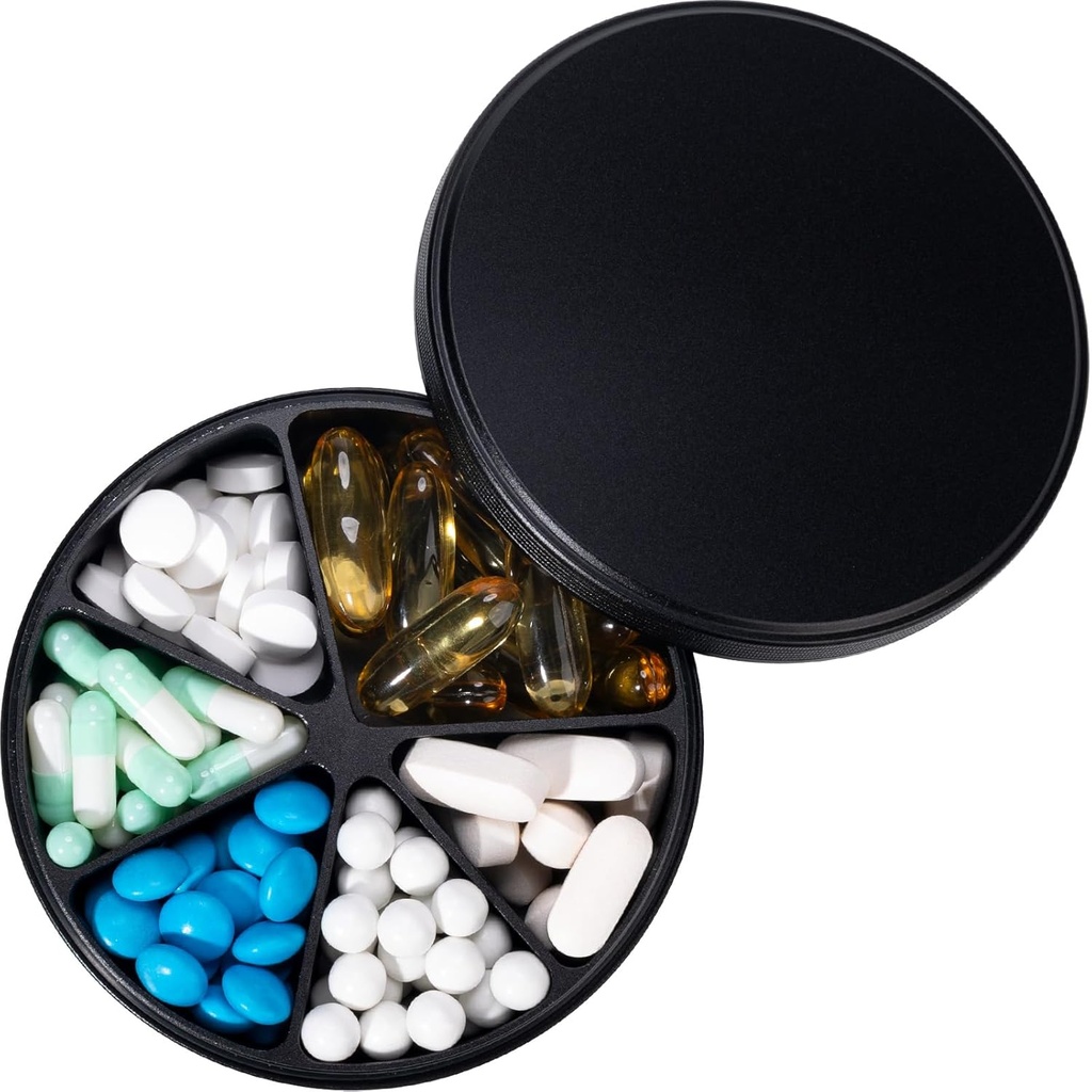 Pill Organizer 6 koosseisuga - raskeveokite metallist Päevane pillide juhtum, suured pillide konteinerihoidja, veekindel ravim Dispenser Pill Box vitamiinilisandi meditsiin Kalaõli, 0,38lb, must