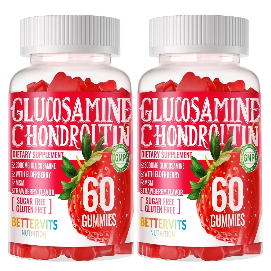 Glükoosamiin Chondroitin Gummies koos MSM ja Elderberry Extra Tugevus - ühine tugi, antioksüdantide immuuntoetus täiendus täiskasvanutele, meestele ja naistele. 120 Maasikakummid