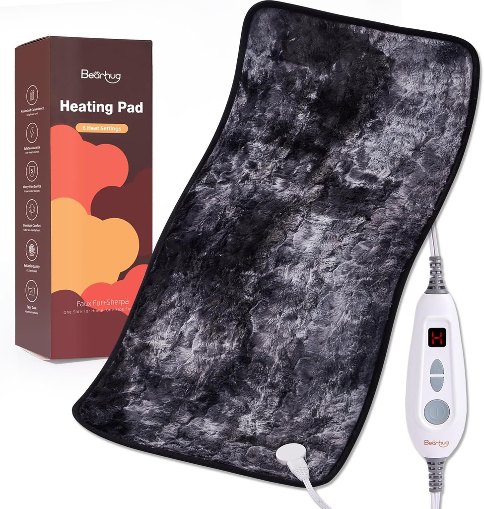 Bearhug XXL Elektriküttega Pad 17''x33'' Kahepoolne Faux Fur Küttepadi, 6 Soojustaset, 2-tunnine Auto-Off, Niiske & Kuiv Soojusteraapia Seljavalu leevendamiseks, Masinapesu, ETL Certified - Kinkekast
