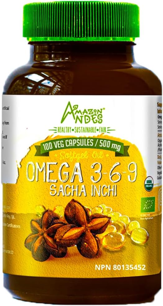 Amazon Andes Sacha Inchi Oil Capsules - Source of omegas 3, 6 and 9 - Healthier Source of Essential Fatty Acids - Vegan, Non-GMO, Allergen-free & Gluten Free - 100 Softgel Pills (500mg) - Made in Peru
