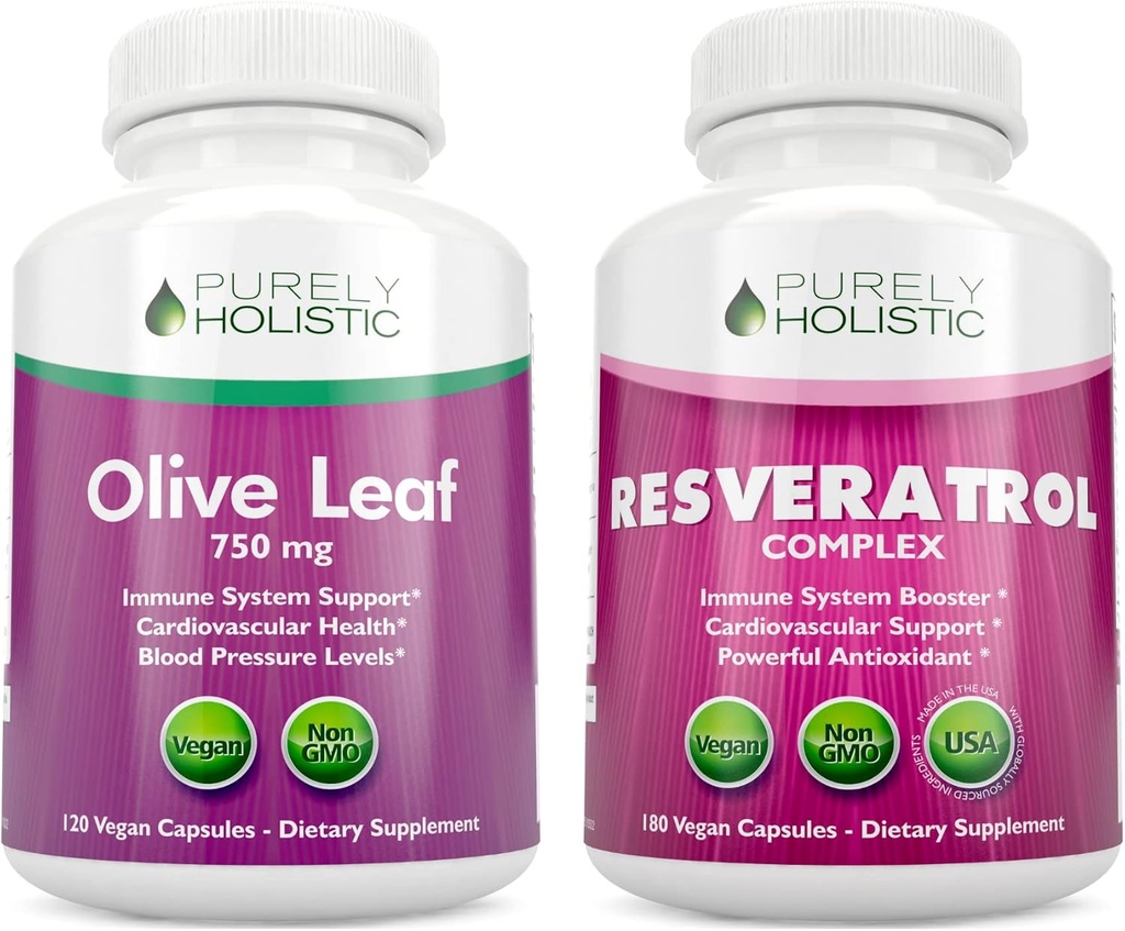 Puhtalt holistiline oliivilehe ekstrakt 750mg + Resveratrooli kompleks 1450mg - 300 vegankapslit - valmistatud USA-s