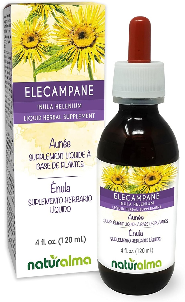 Naturalma Elecampane (Inula helenium) Juur Alkoholivaba tinktuur - 4 fl oz Vedelikekstrakt tilkades - Taimne täiendus - Vegan