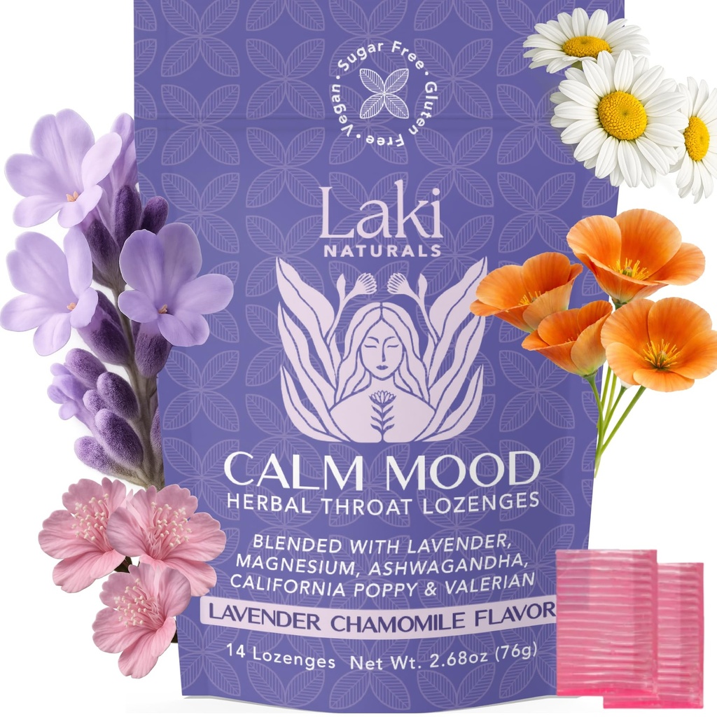 Laki Naturals Lavendel Chamomile Calm Mood Funktsionaalne Taimne Kompsunid (14ct) Kurk ja rahustav kõva kommid Magneesium, Ashwagandha, California Poppy & Valerian. Vegan, suhkruvaba, gluteenivaba