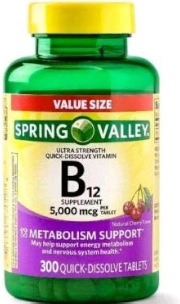 Spring Valley B12 5000mcg 300ct Metabolism Toetus