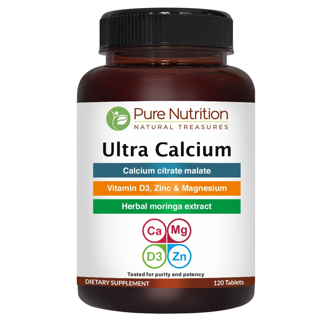 Puhas toitumine Ultra Kaltsium 1000mg koos VIT D3 + K2 | 120 Tab | Väga imenduv kaltsiumilisandi kaltsiumtsitraatmalaat, VIT D3, K2, Moringa Oleifera, Magneesium ja tsink.