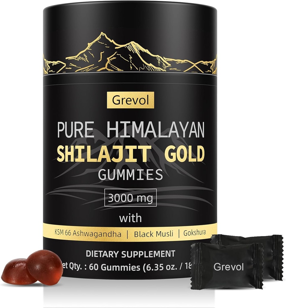 Himaalaja Shilajit Gummies: Gold Grade Shilajit Rikas Ashwagandha Fulvic Acid & 85+ Trace Minerals - No Added Sugar - Individuaalselt Pakitud - Meestele & Naistele - 60 Gummy