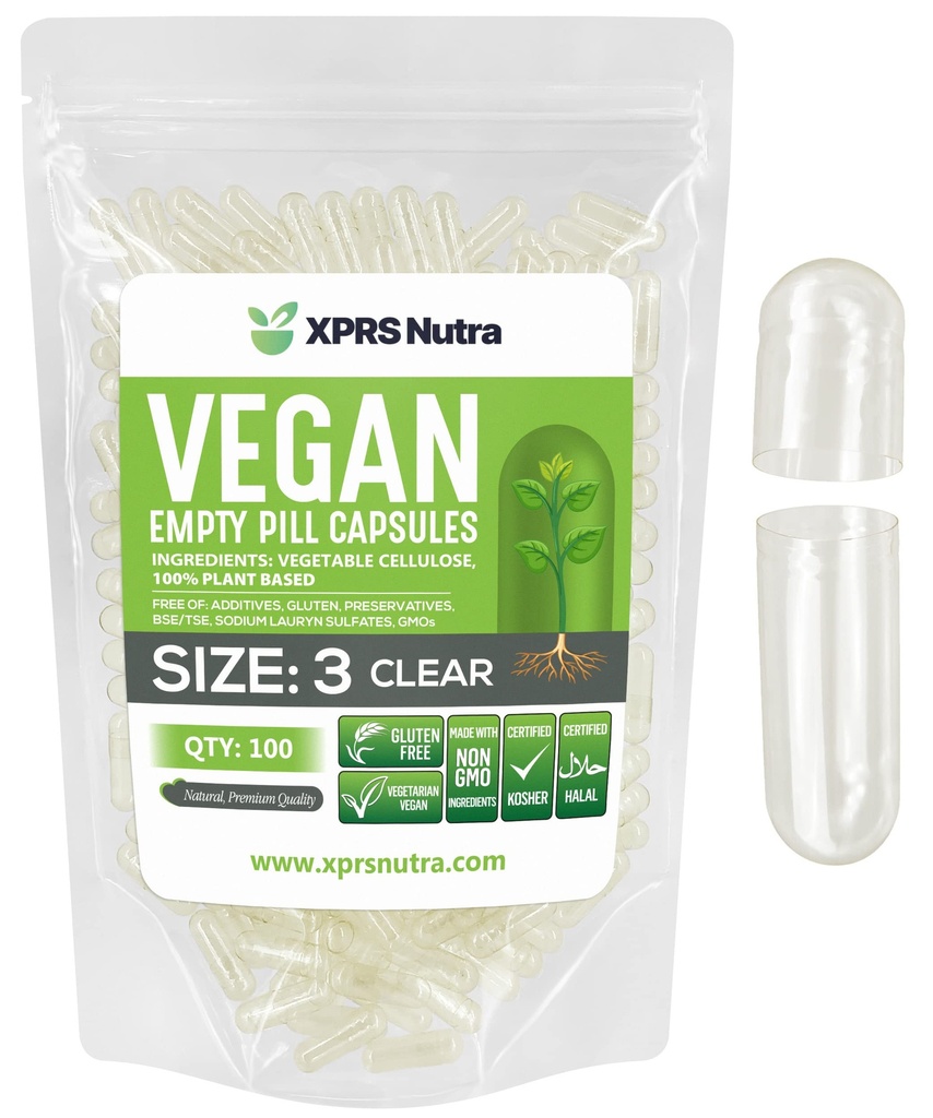 XPRS Nutra suurus 3 Tühja kapslit - 100 loe puhast tühja vegankapslit - taimetoitlased pillid - DIY köögiviljakapsli täitmine - Veggie Pill kapslid