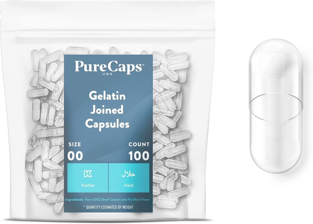 PureCaps USA - tühjad želatiinkapslid suurusega 00| 100 ühendatud pillid | Clear| Non-GMO Certified| SLS, Gluten, säilitusaineteta