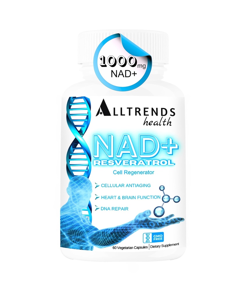 ALLTRENDS Health NAD Supplement 1000mg |Resveratrol 500mg |TMG trimetüülglütsiin 500mg |vitamiinid rakkude regeneratsiooniks, südame ja aju funktsiooniks, DNA parandamiseks, pikaealisuseks, energiaks ja oksüdatiivseks stressiks | 60Caps