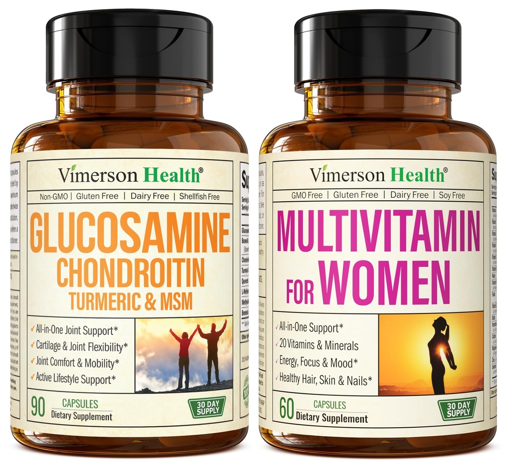 Glükoosamiin Kondroitiin Kurkum + Multivitamiin naistele 2-pudelilisandi pakk talle. Tervislik immuunvastus, ühine tugi, antioksüdantide omadused