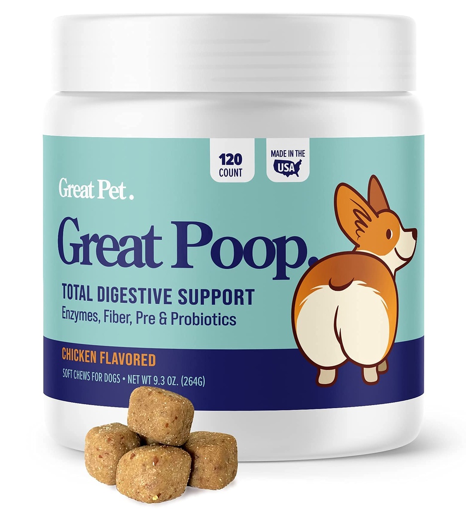 Suur Poop probiootikumid koertele - Koerte kiudaine lisand koos koerte probiootikumidega ja seedetrakti ensüümidega tervisliku soolestiku, kindla väljaheite ja kõhulahtisuse leevendamiseks - kanamaitselised lemmiklooma pehmed närid prebiootikumidega