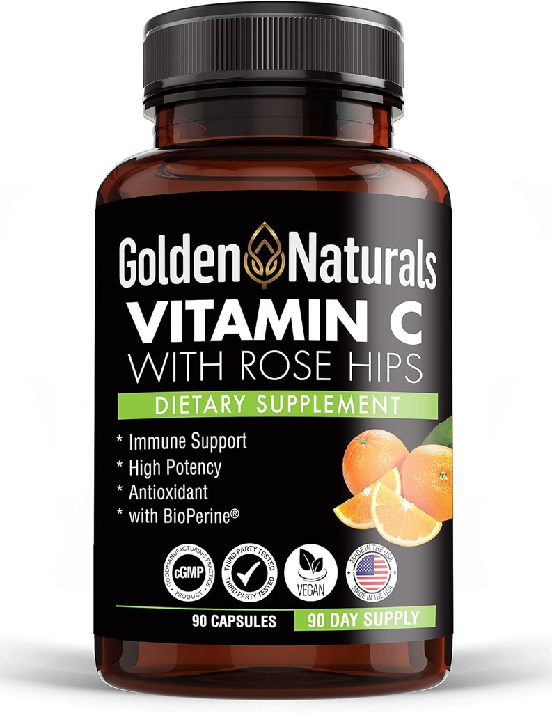Golden Naturals C-vitamiin kõigi looduslike rooside HIPS-iga, 1000 mg, immuunsuse suurendamise toetus ja võimas antioksüdant, kõrge imendumine bioperiiniga, naha tervise parandamine, 90 kapslit
