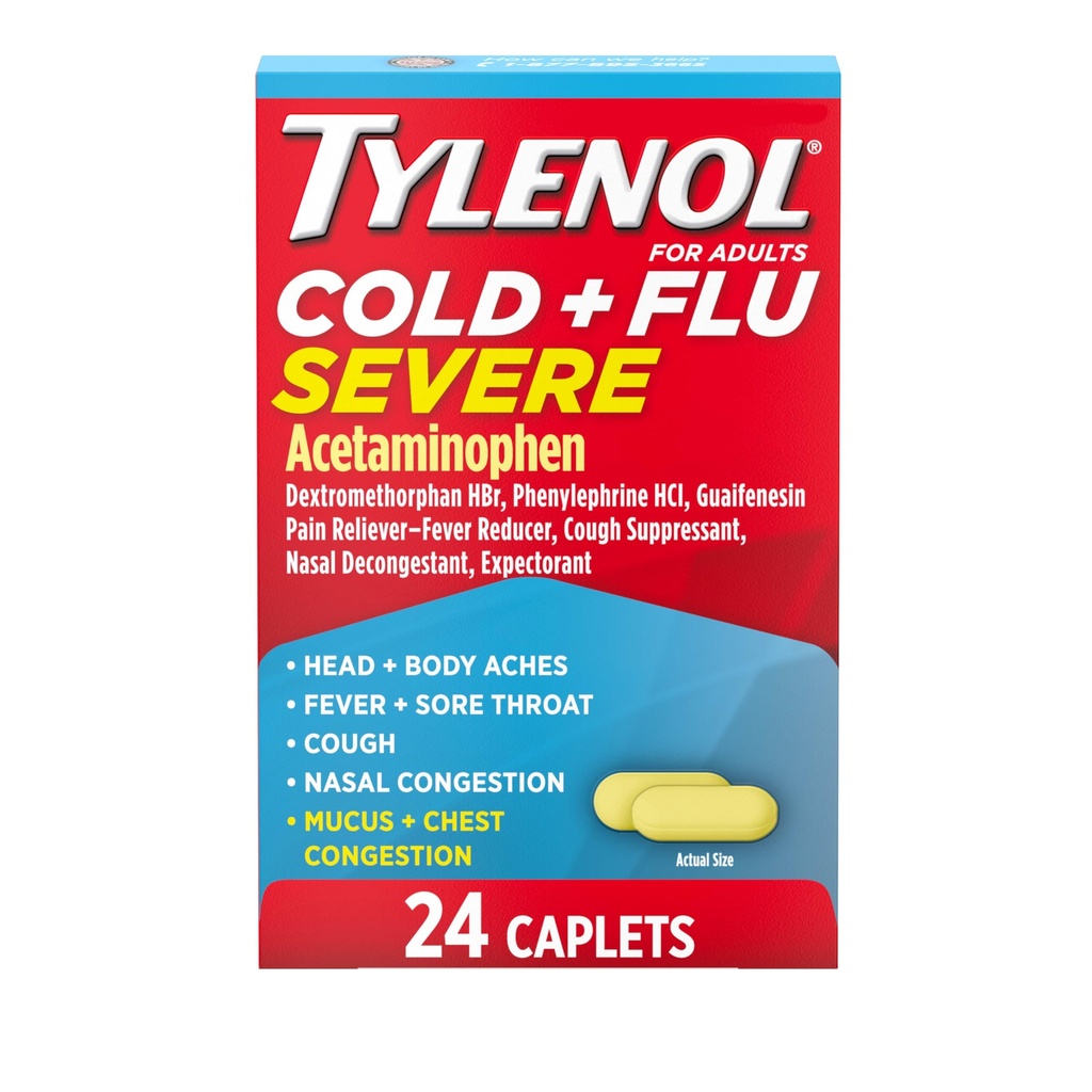 Tülenool Külm + gripp Rasked ravimid kapslid palaviku, valu, köha ja ummikute jaoks, 24 ct.