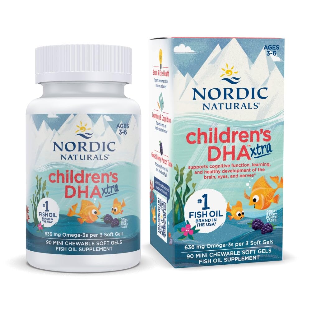Nordic Naturals Laste DHA Xtra, Berry Punch - 90 Mini näritavad pehmed geelid lastele - 636 mg Omega-3s EPA & DHA - Kognitiivne ja immuunfunktsioon, õppimine, sotsiaalne areng - Non-GMO - 30 Servings