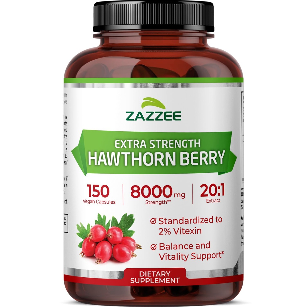Zazzee Extra Strength Hawthorn Berry 20: 1 ekstrakt, 8000 mg tugevus, 2% Vitexin, 150 vegankapslit, 5 kuu pakkumine, kontsentreeritud ja standardiseeritud potents 20X ekstrakt, mitte-GMO ja kõik-looduslik