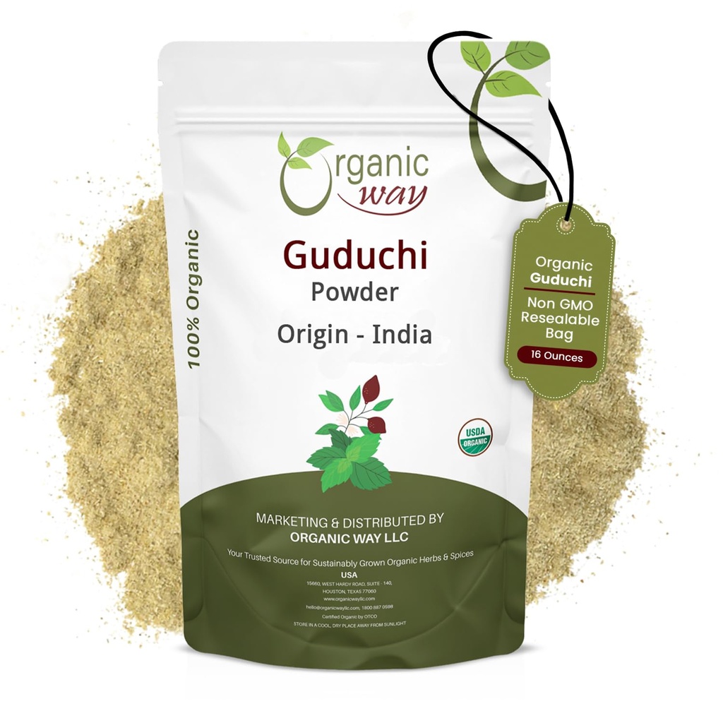Organic Way Premium Grade Guduchi Pulber (Tinospora cordifolia) - Orgaaniline & Kosher Certified | Toores, Vegan, Non GMO & Gluten Free | USDA Certified | Origin - India (1LBS / 16Oz)