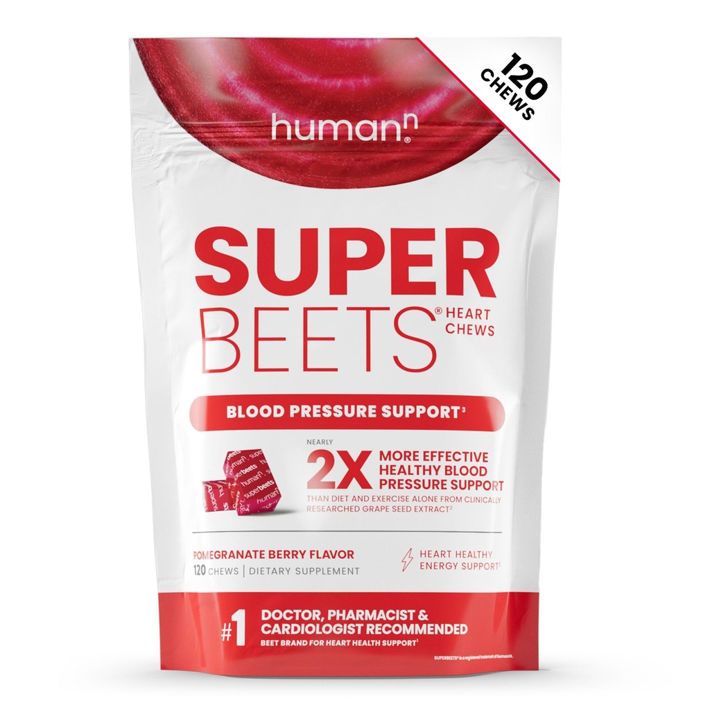 HumanN SuperBeets Heart Chews, Lämmastikoksiid ja vererõhk Toetus, Viinamarjaseemne ekstrakt & Non-GMO Beet Root Powder Energy, Granaatõuna Marjamaitse, 120 Count