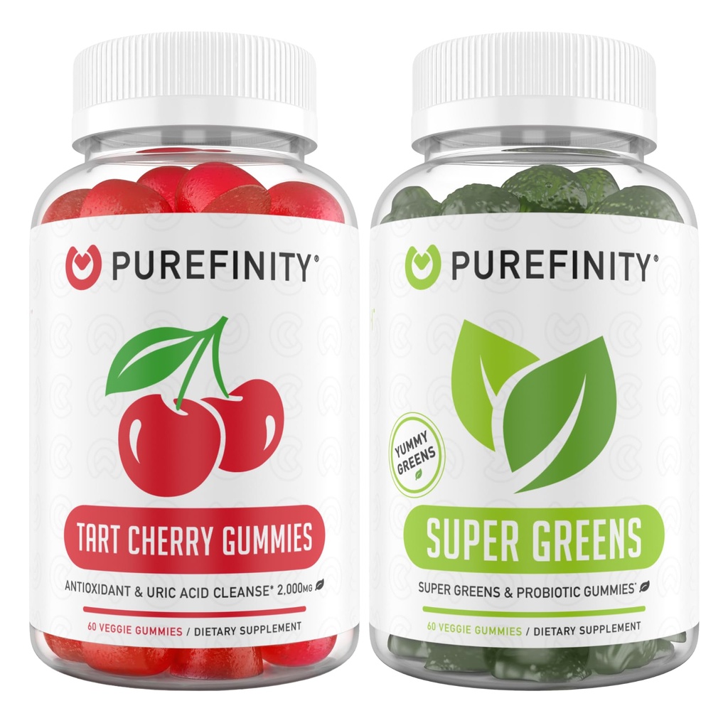 PUREFINITY Tart Cherry ja Super Greens Gummies Bundle (Uric Acid Flush & Cleanse Your Daily Greens)