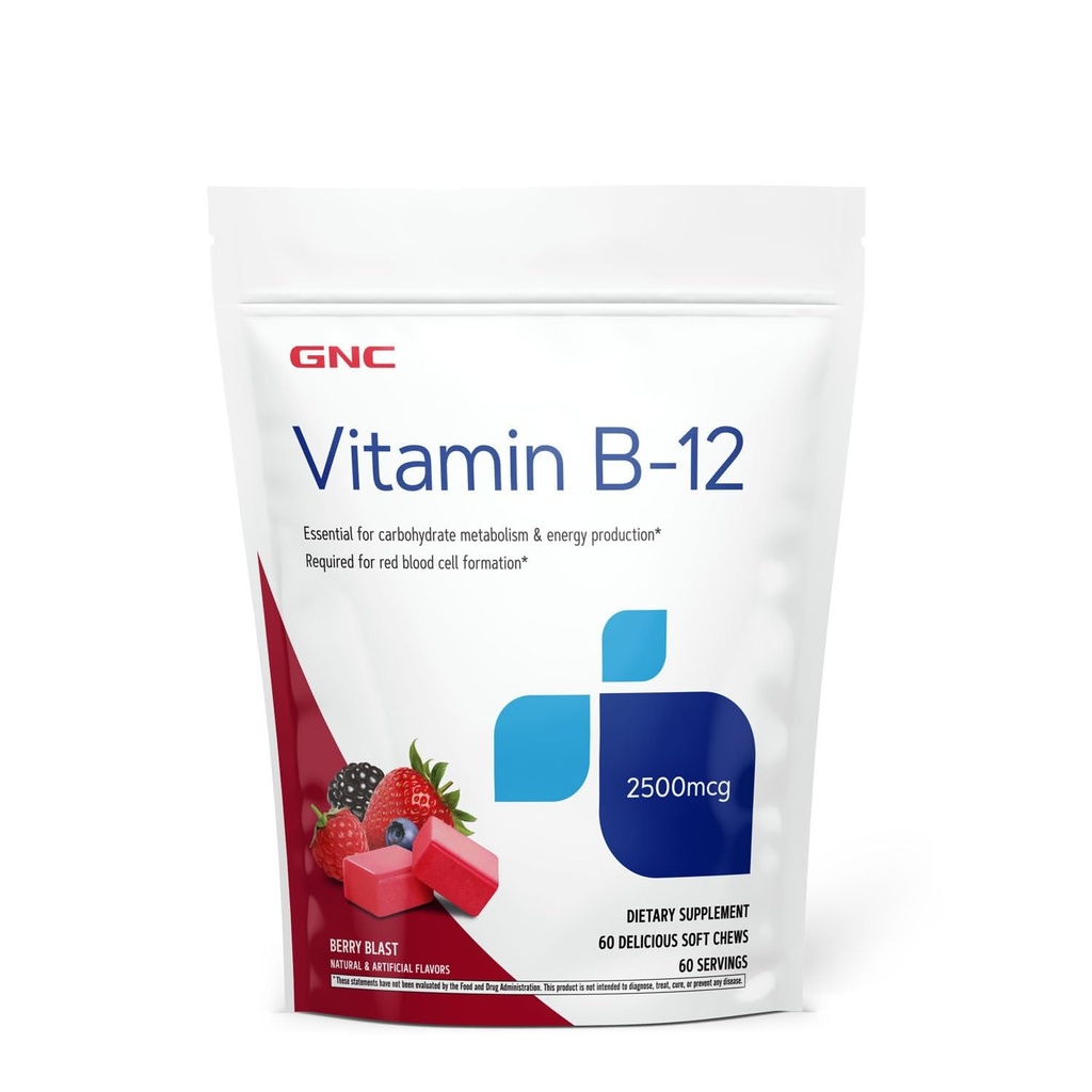 GNC vitamiin B12 2500mcg toidulisand, mis on vajalik süsivesikute ainevahetuse ja energia tootmiseks, 60 serveerimist